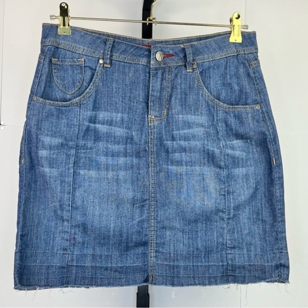 Worn Jeans Denim Mini Skirt Women S 28 Blue Distressed Raw Hem Boho Chic Stretch